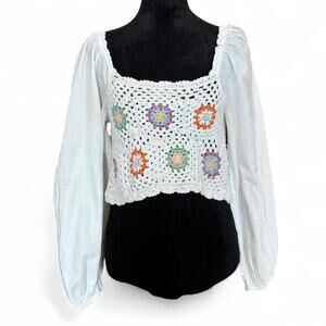 Y2K Cream Crochet Peasant Top – Boho Granny Knit L